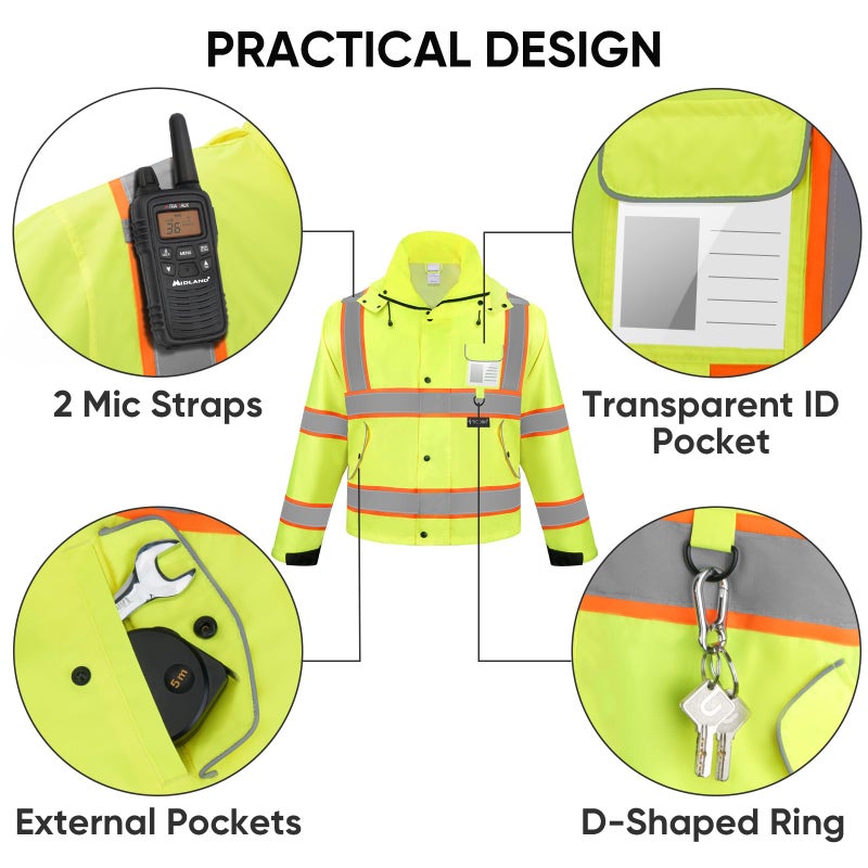 TICONN Reflective Rain Jacket Safety Jacket  Waterproof Hi Vis Rain Coat  Class III High Visibility Coat - Image 3